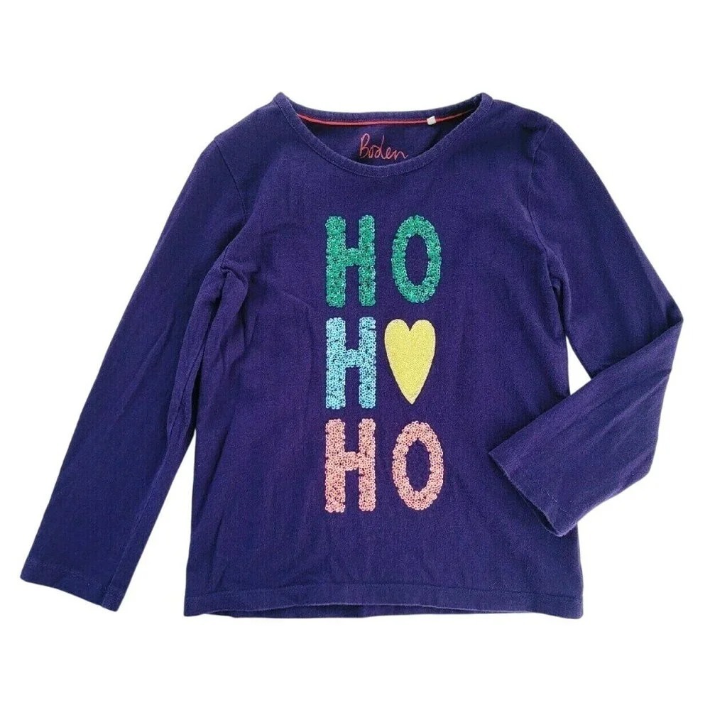 Mini Boden Long Sleeve "Ho Ho Ho" Sequin Tee - Girls 4/5 Christmas